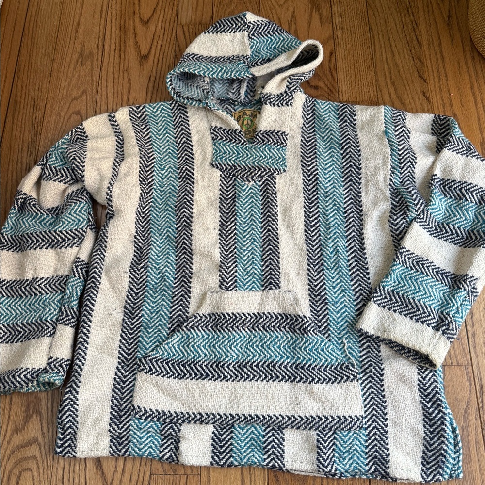 Blue and White Striped Baja Hoodie Medium - Picture 4 of 10